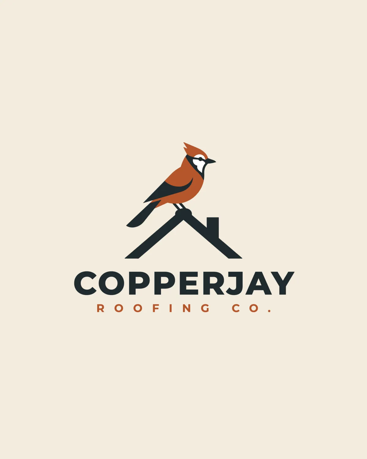 Logo for Copperjay Roofing Co.: a copper-colored bird perched on a roofline beside the name.
