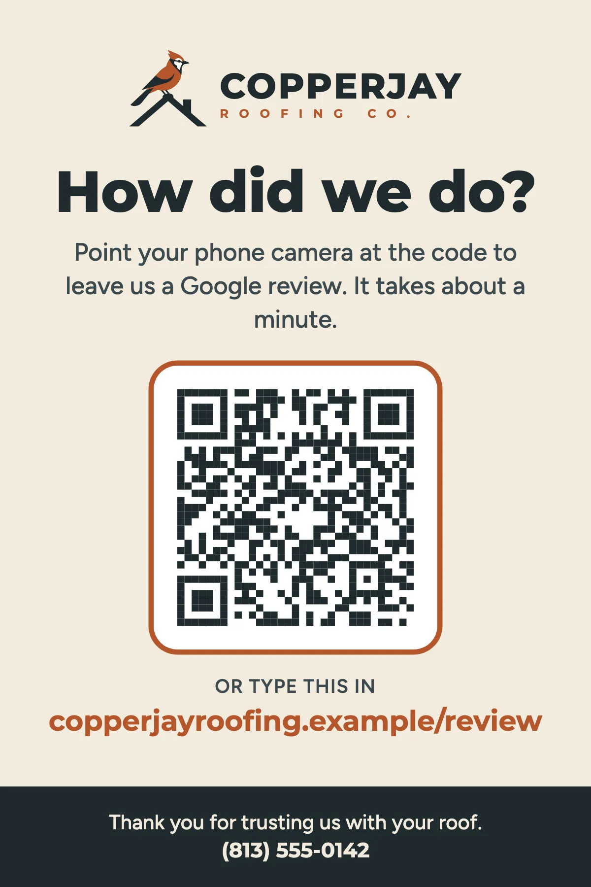 A printed card for Copperjay Roofing with a scan code that opens a Google review.