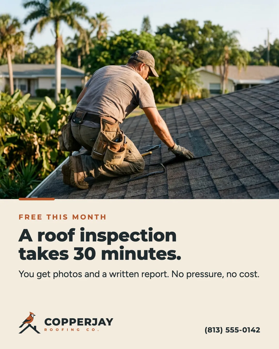 A social post for Copperjay Roofing offering a free 30 minute roof inspection.