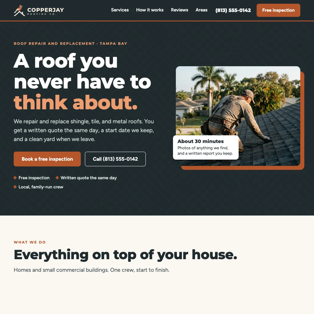 The top of a website for a roofing company, with the headline A roof you never have to think about.