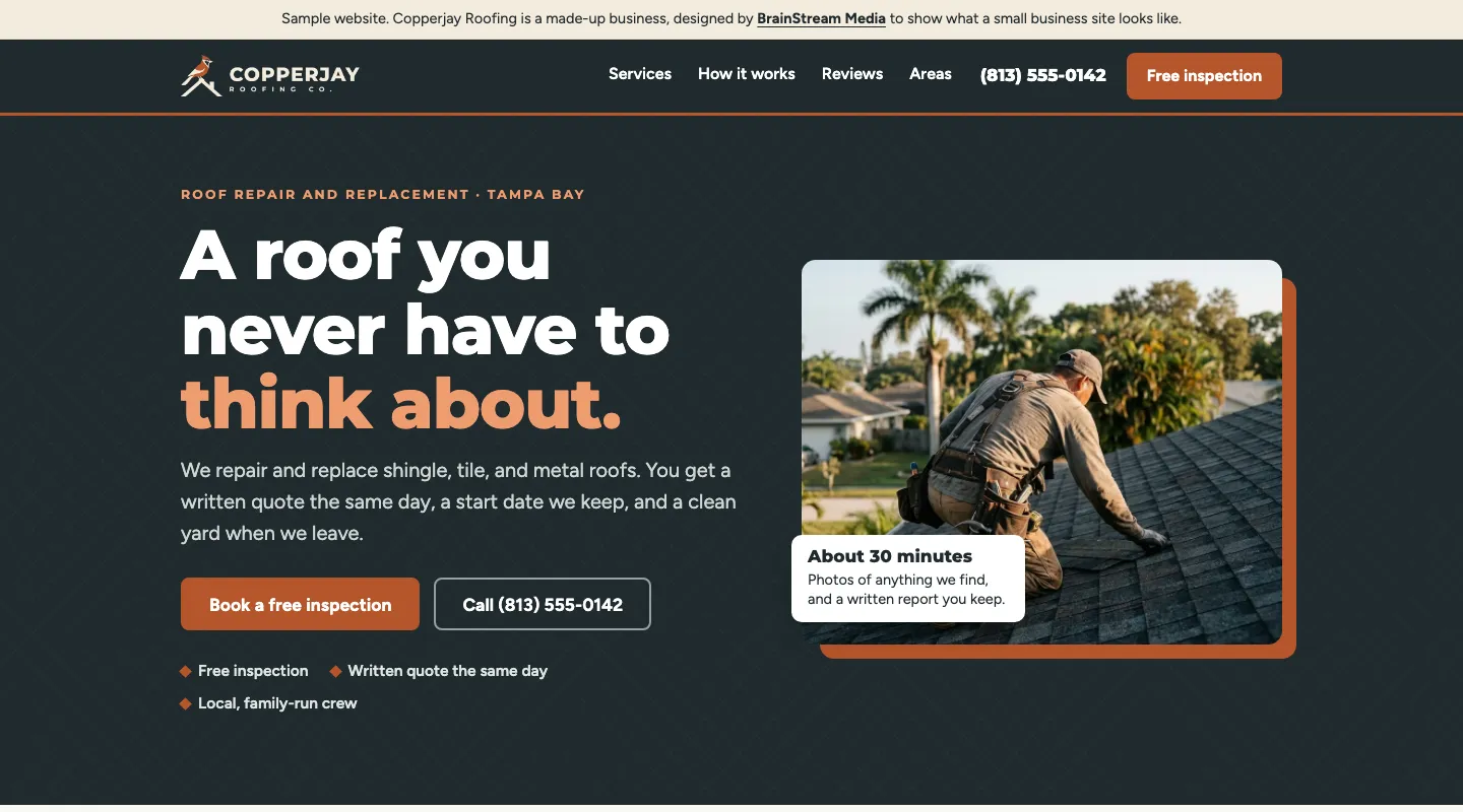 The top of a website for a roofing company, with the headline A roof you never have to think about.