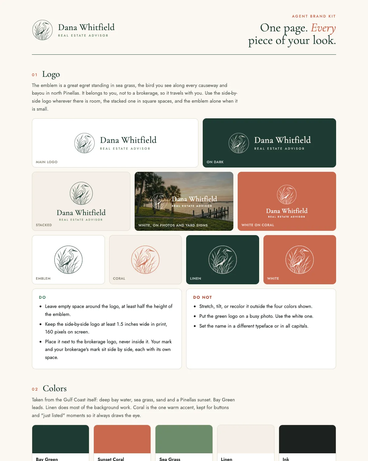 An agent brand kit for Dana Whitfield: an egret logo in deep green above a just listed post and a just sold post.
