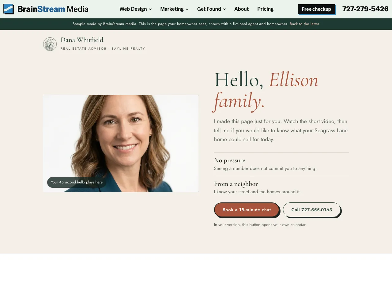 A personal page for a homeowner, with a photo of the agent Dana Whitfield and the headline Hello, Ellison family.