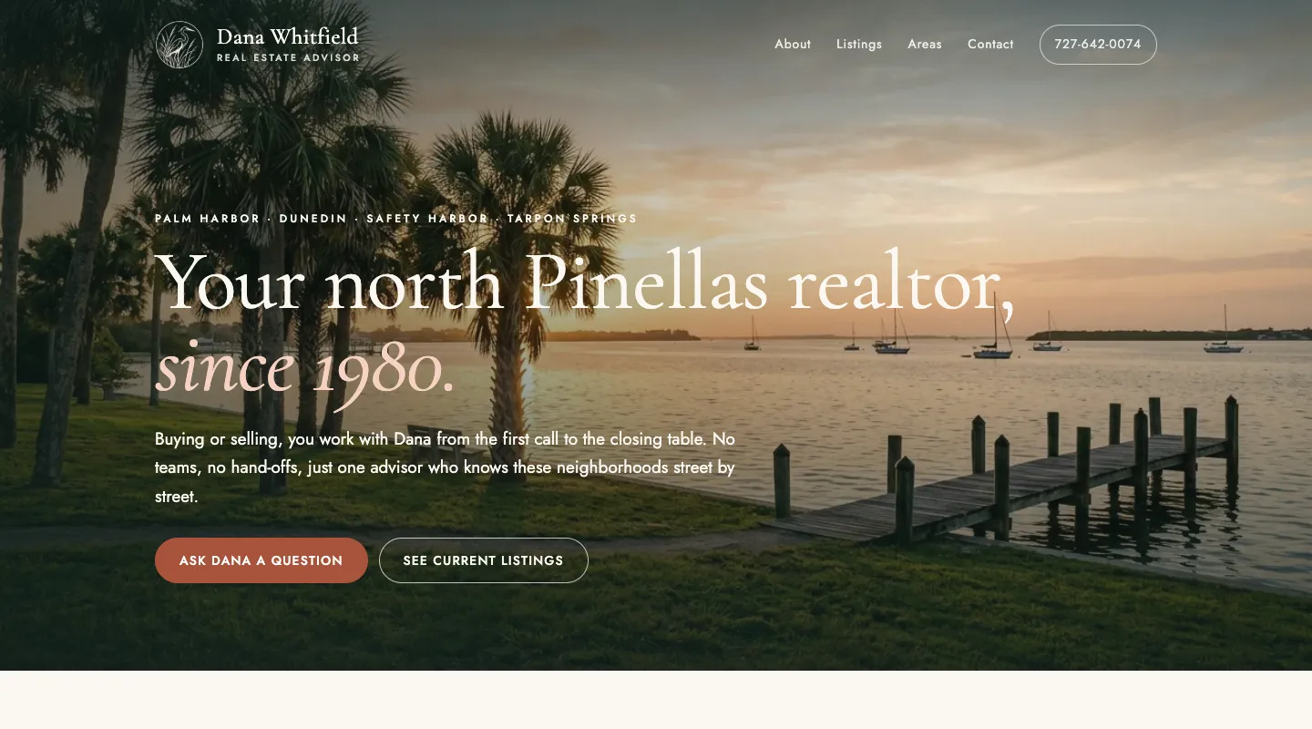 The top of a website for Dana Whitfield, a Palm Harbor real estate advisor, with a sunset over the water and the headline Your north Pinellas realtor, since 2009.