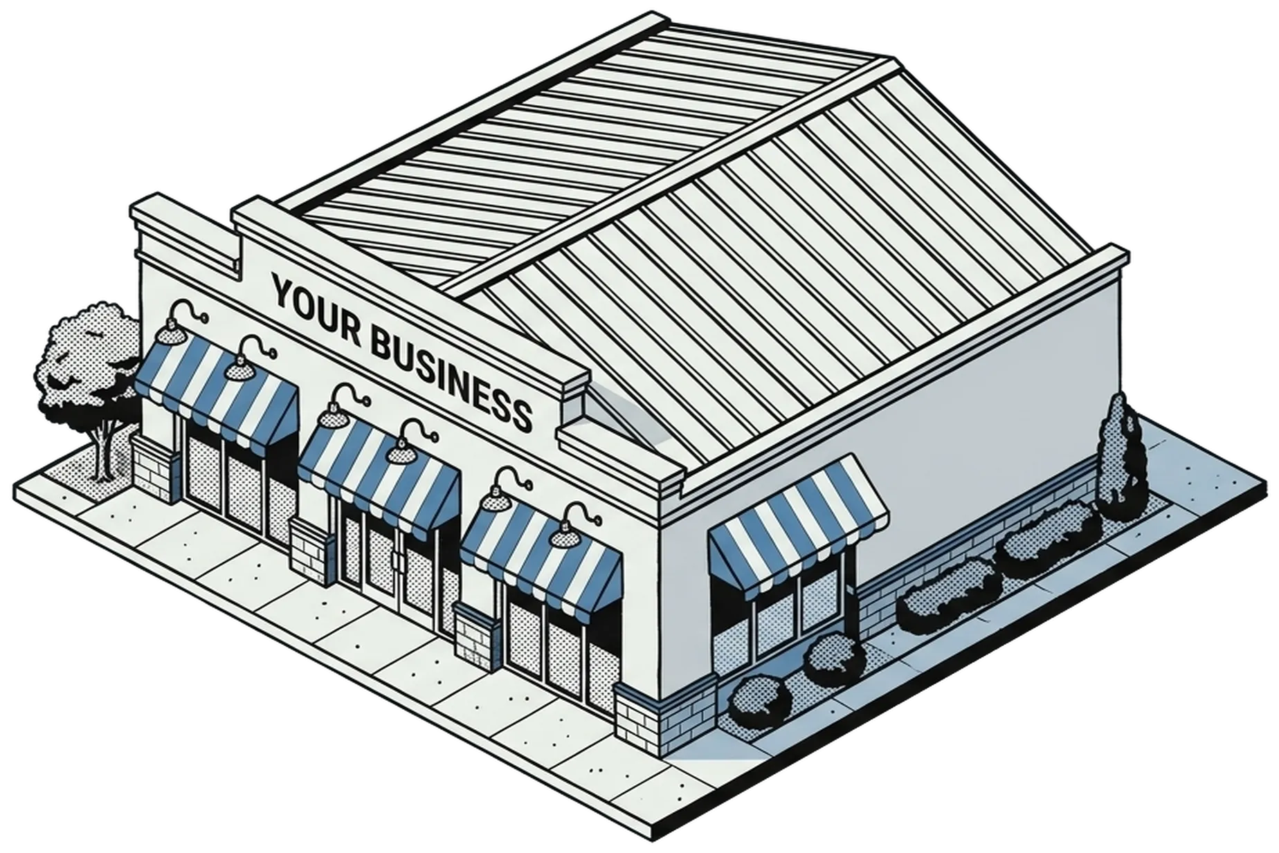 Line drawing of a small shop with a sign reading Your Business