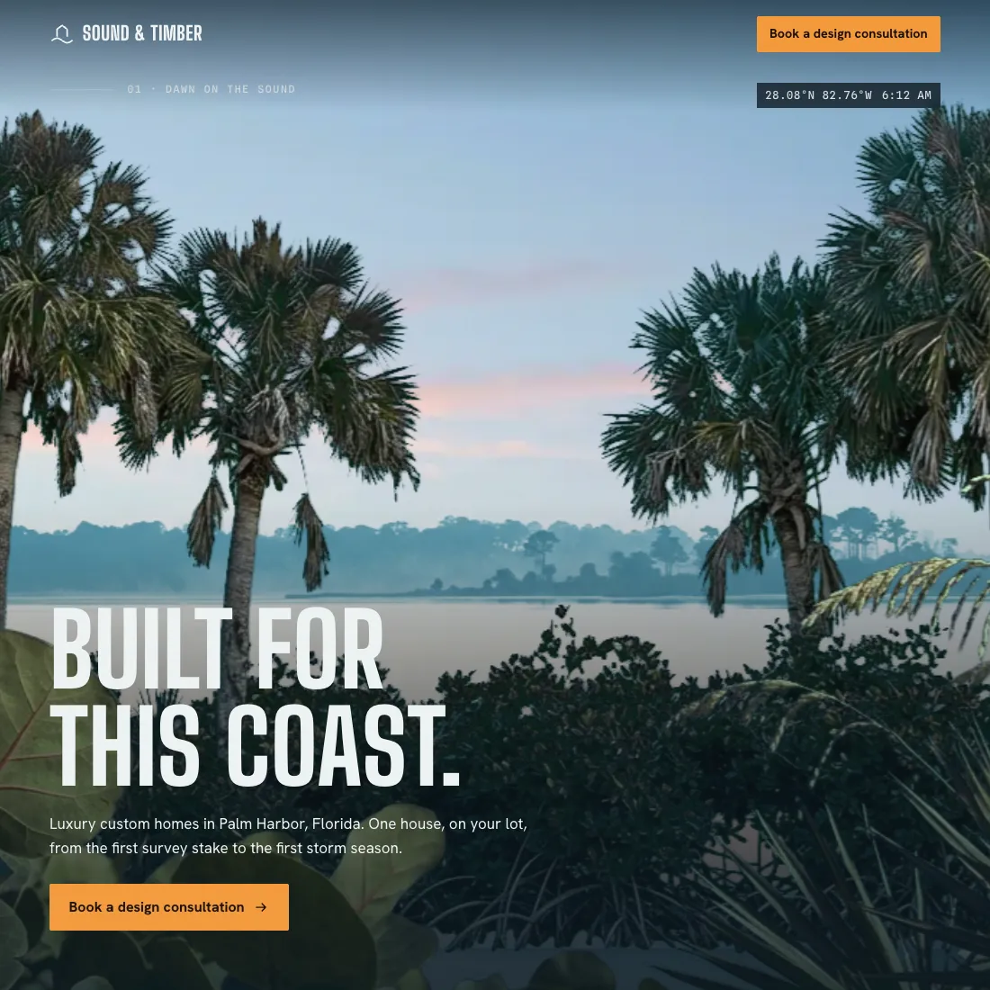 The top of a website for a custom home builder, with palm trees over a sound at dawn and the headline Built for this coast.