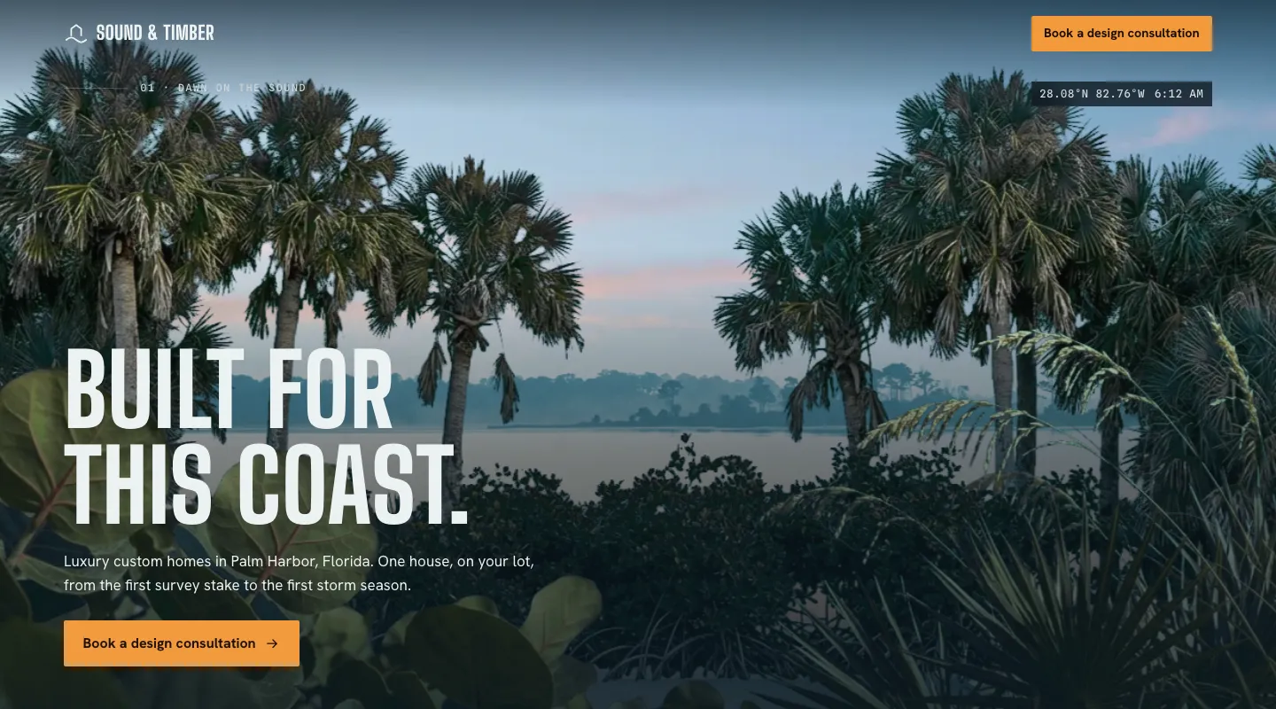 The top of a website for a custom home builder, with palm trees over a sound at dawn and the headline Built for this coast.