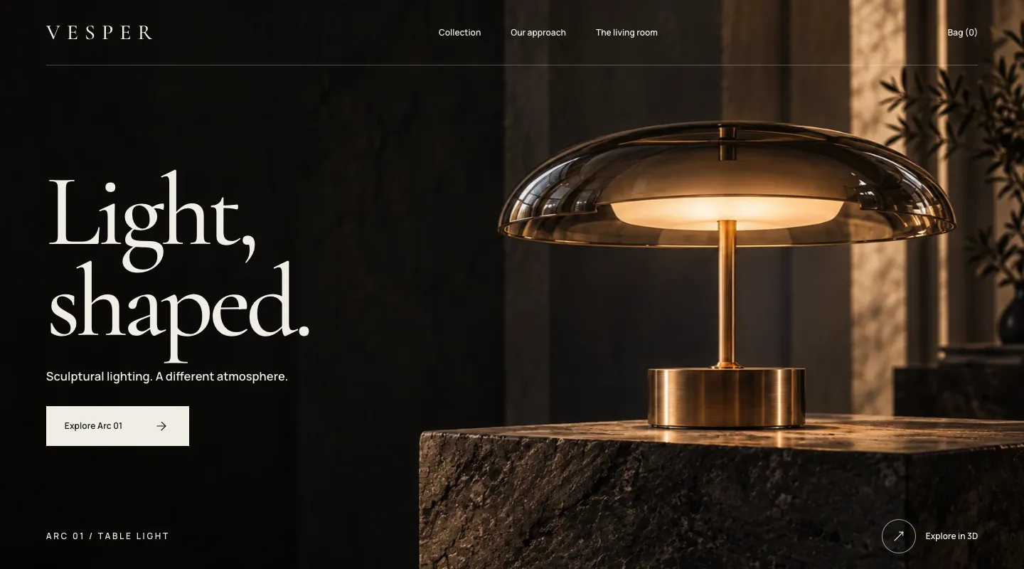 The top of a website for a lighting brand, a bronze and glass table lamp on a dark stone block with the headline Light, shaped.