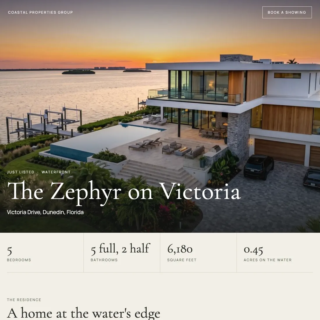 The top of a website for a waterfront home called The Zephyr on Victoria, with a sunset photo of the house and its key facts.