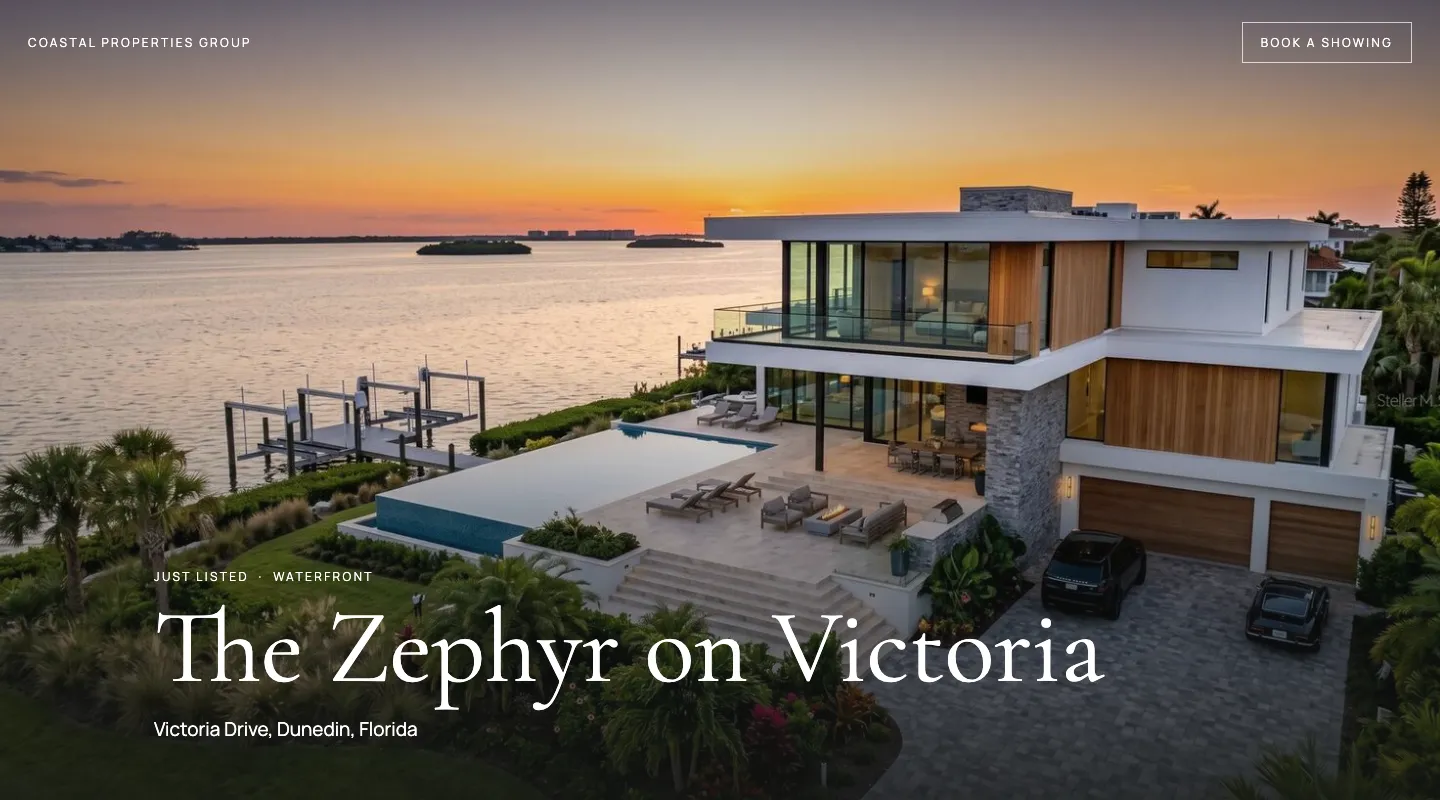 The top of a showcase website for a waterfront home.
