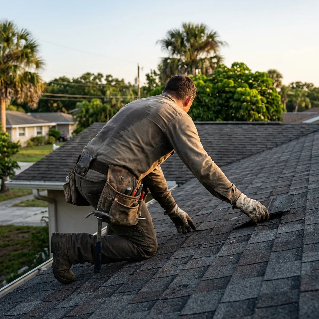 Dark architectural shingles on a house roof.