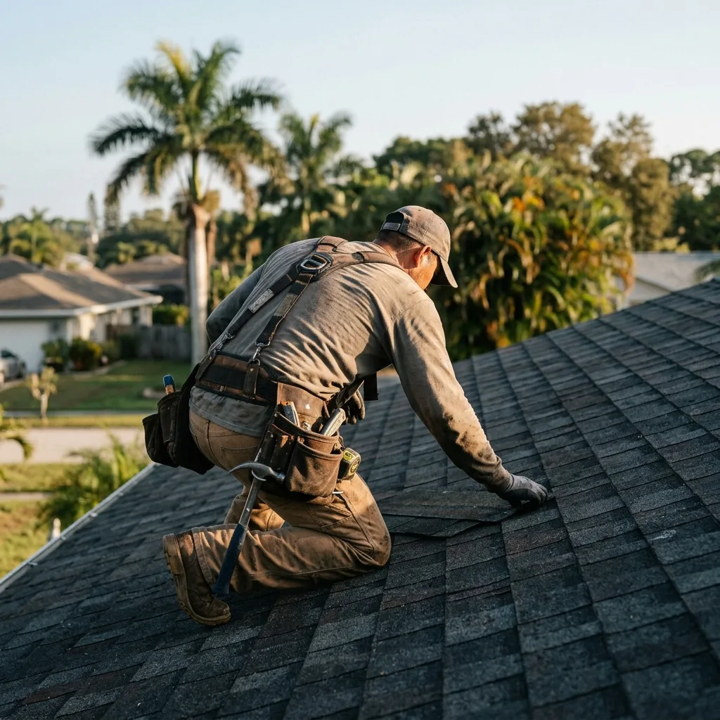 A roofer kneeling on a shingle roof, checking it by hand, with palm trees behind him.