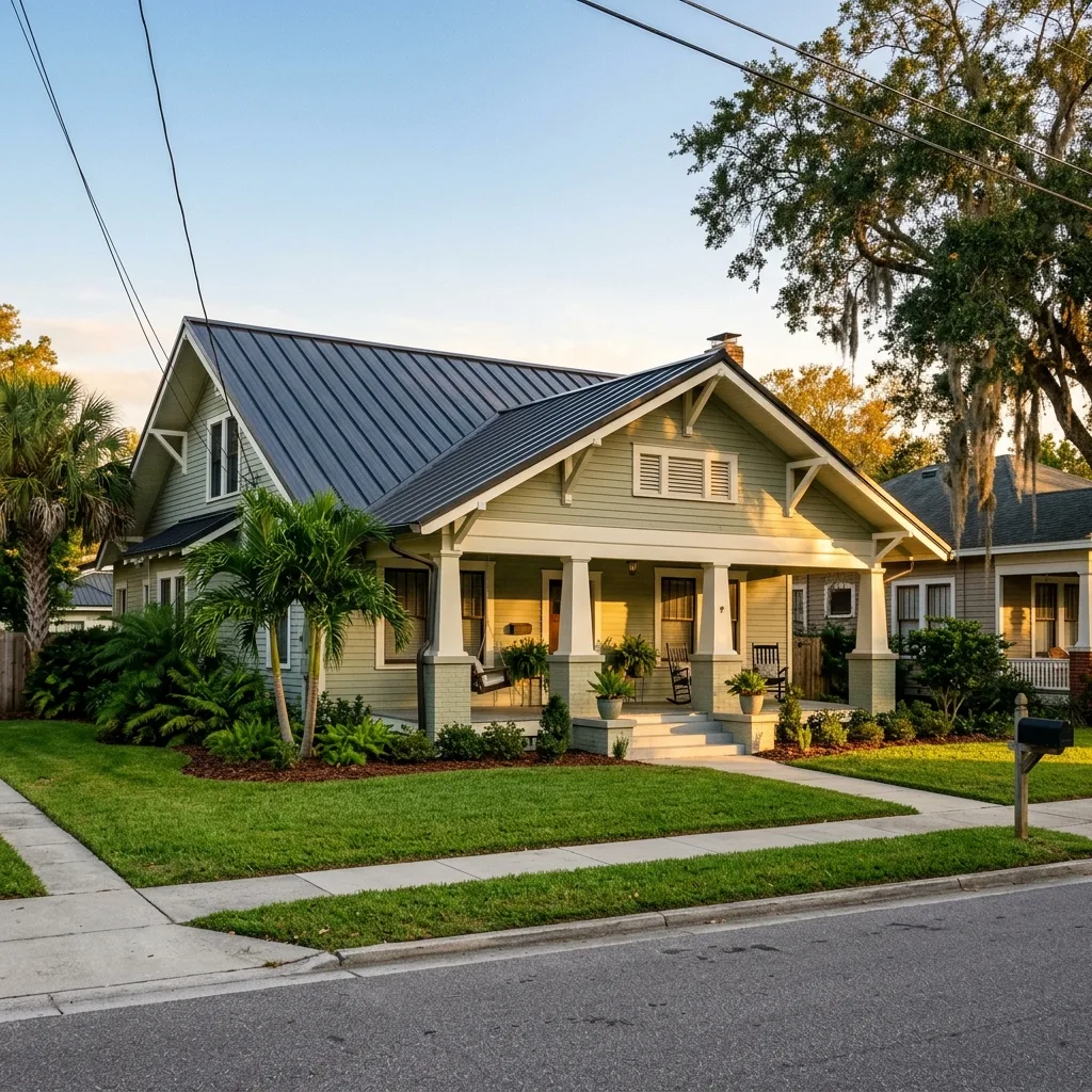 A bungalow with a new dark metal roof.