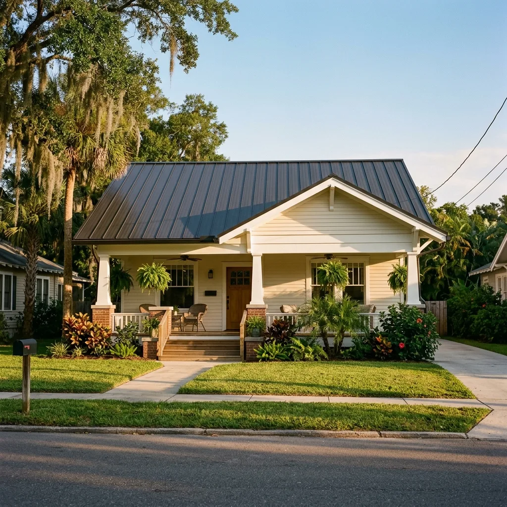 A 1920s bungalow in Seminole Heights with a brand-new dark metal roof.