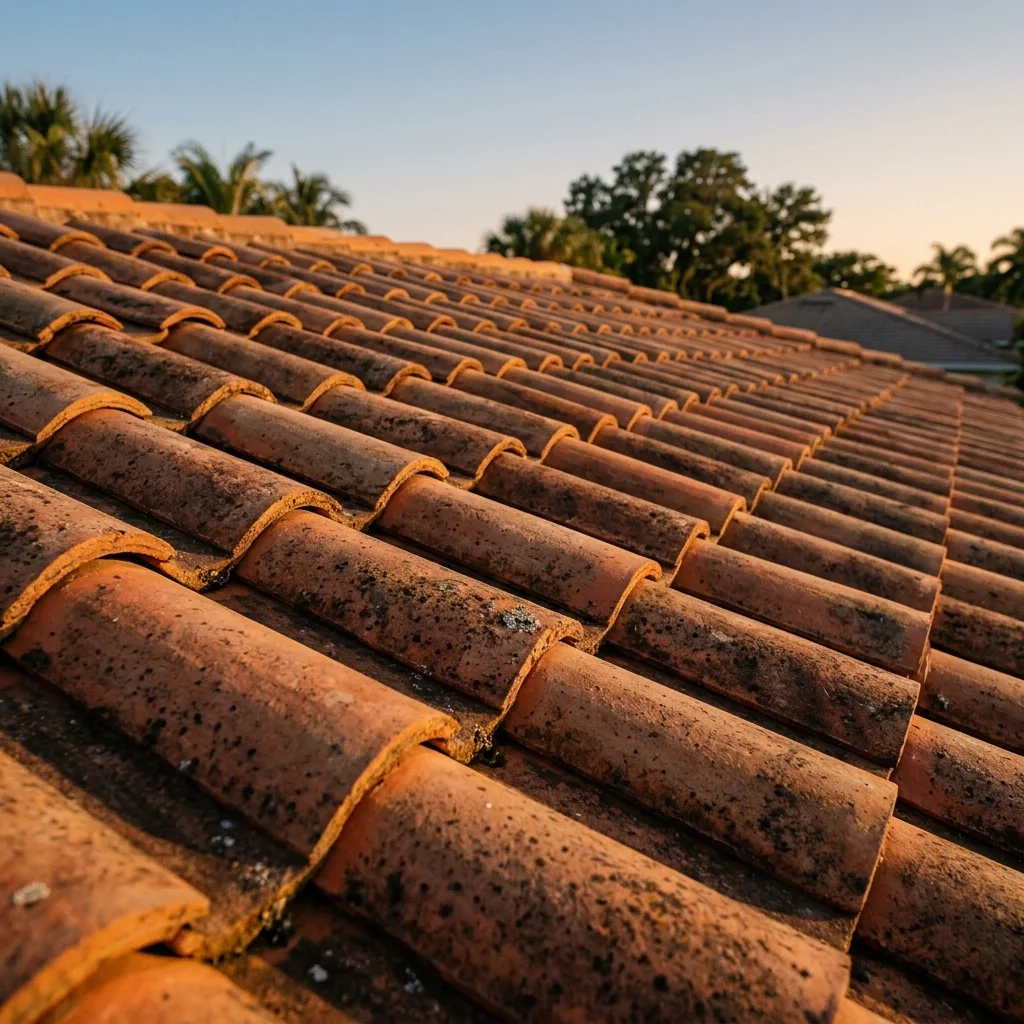 Rows of clay roof tiles in warm evening light.