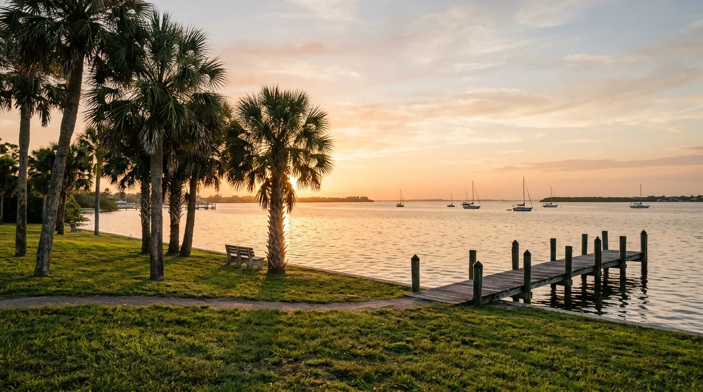 Sabal palms and a wooden dock on calm bay water at sunset