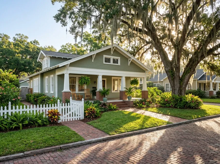 Restored craftsman bungalow with a front porch under a live oak