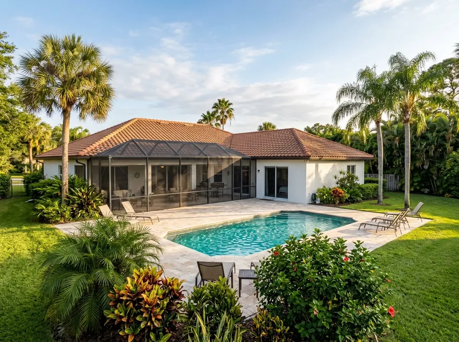 Single-story home with a screened pool and palms