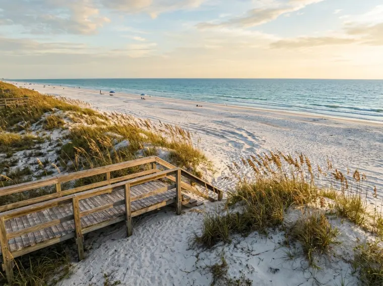 A white-sand Gulf beach with a wooden dune walkover