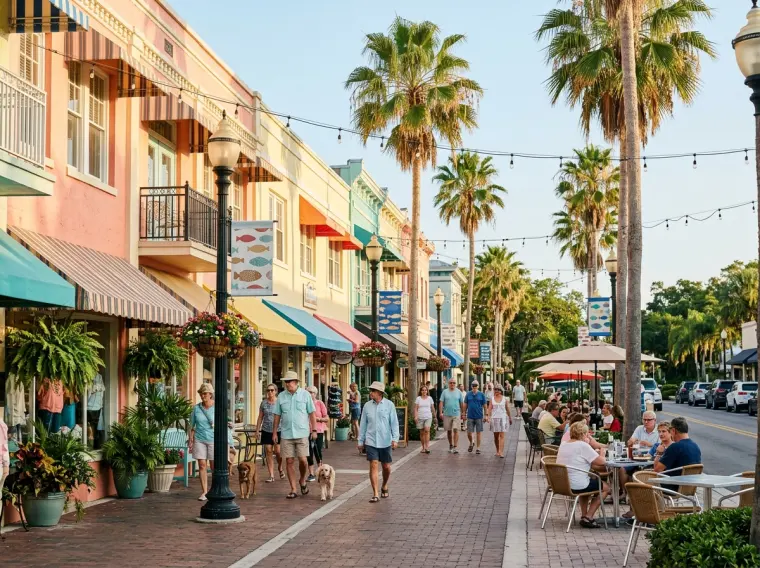 A colorful walkable downtown street with awnings and palms