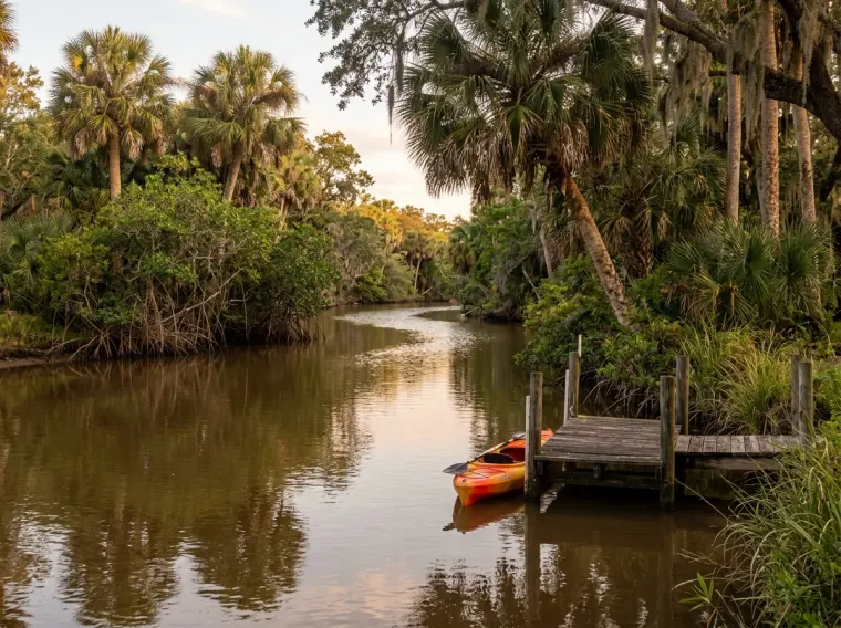 A calm river lined with palms and a small dock with a kayak