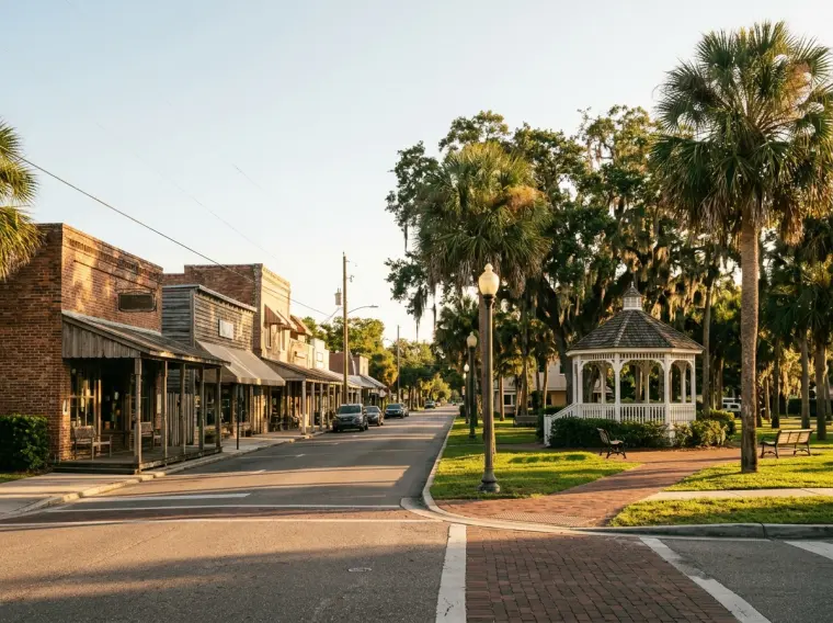 A quiet small-town main street with palms and a white gazebo