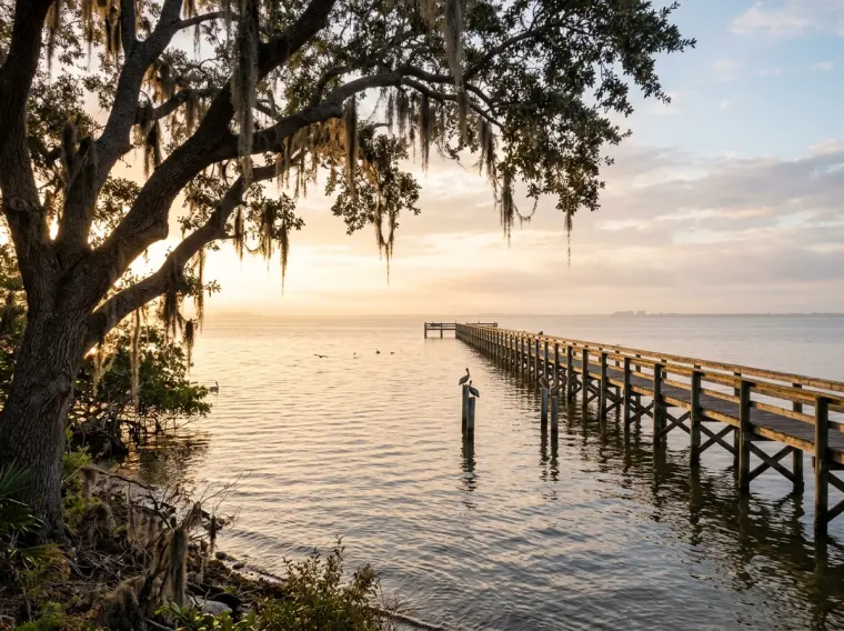 A long fishing pier on calm bay water at sunrise under a mossy oak