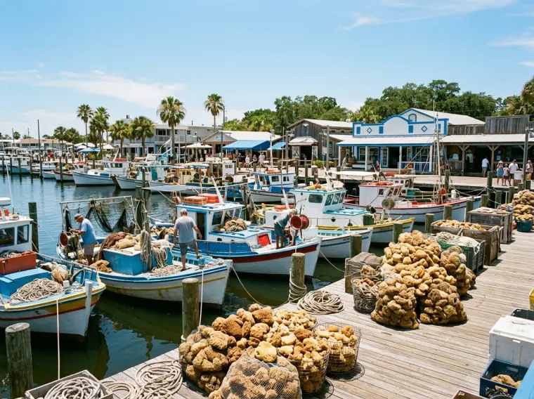 Colorful fishing boats and piles of sea sponges on a harbor dock